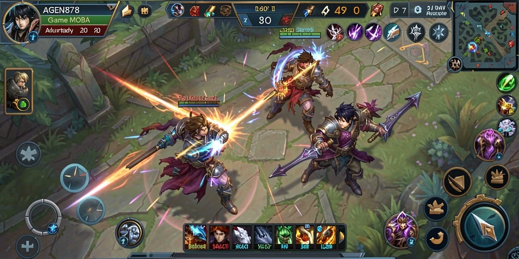 Screenshot gameplay AGEN878 yang menunjukkan aksi seru di arena pertarungan MOBA.