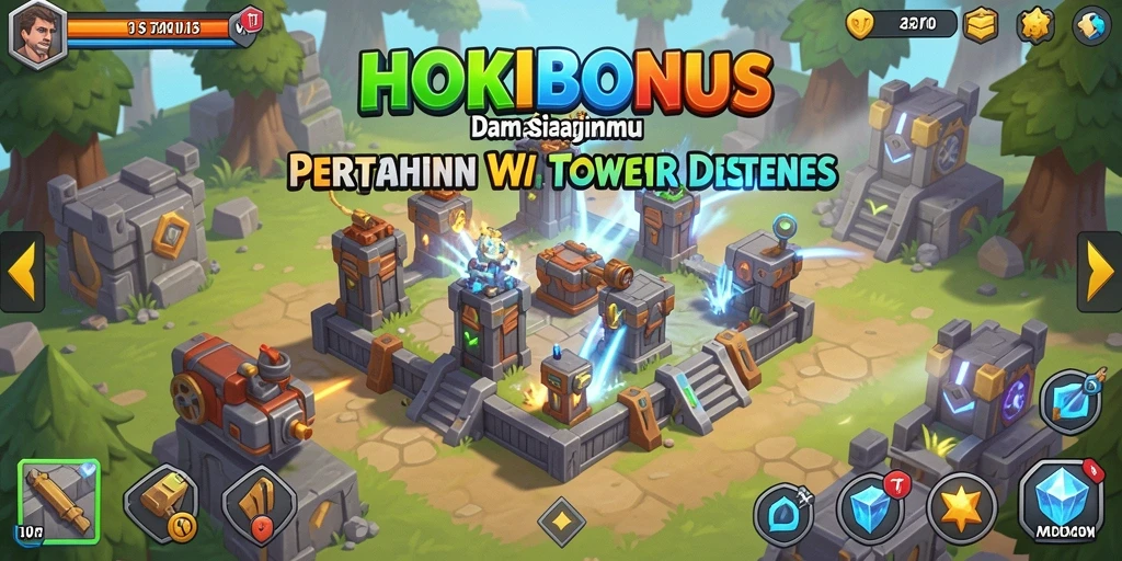 Tangkapan layar HOKIBONUS menunjukkan aksi seru dalam pertahanan menara.