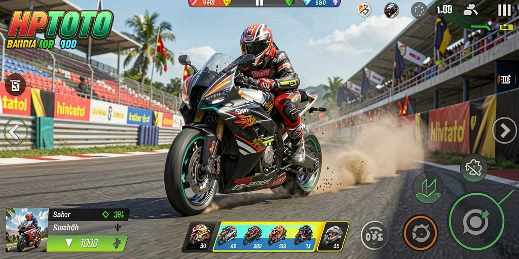Tampilan gameplay HPTOTO dengan motor balap di trek yang menantang.