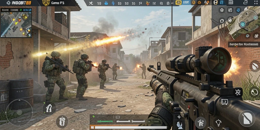 Tampilan bermain <strong>INDOBIT88</strong> yang menepatkan pemain di tengah aksi FPS.