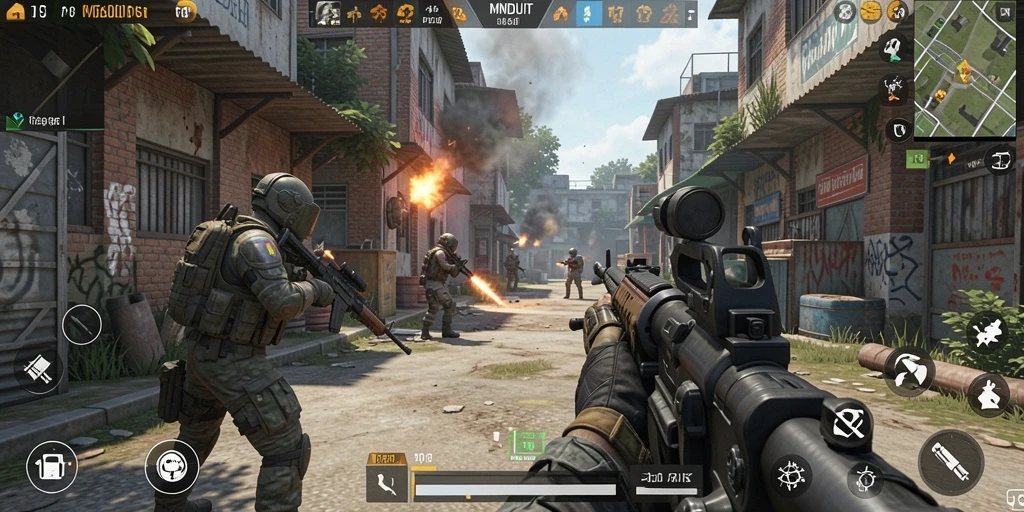 Screenshot gameplay MNDUIT menampilkan aksi tembak-menembak yang intens.